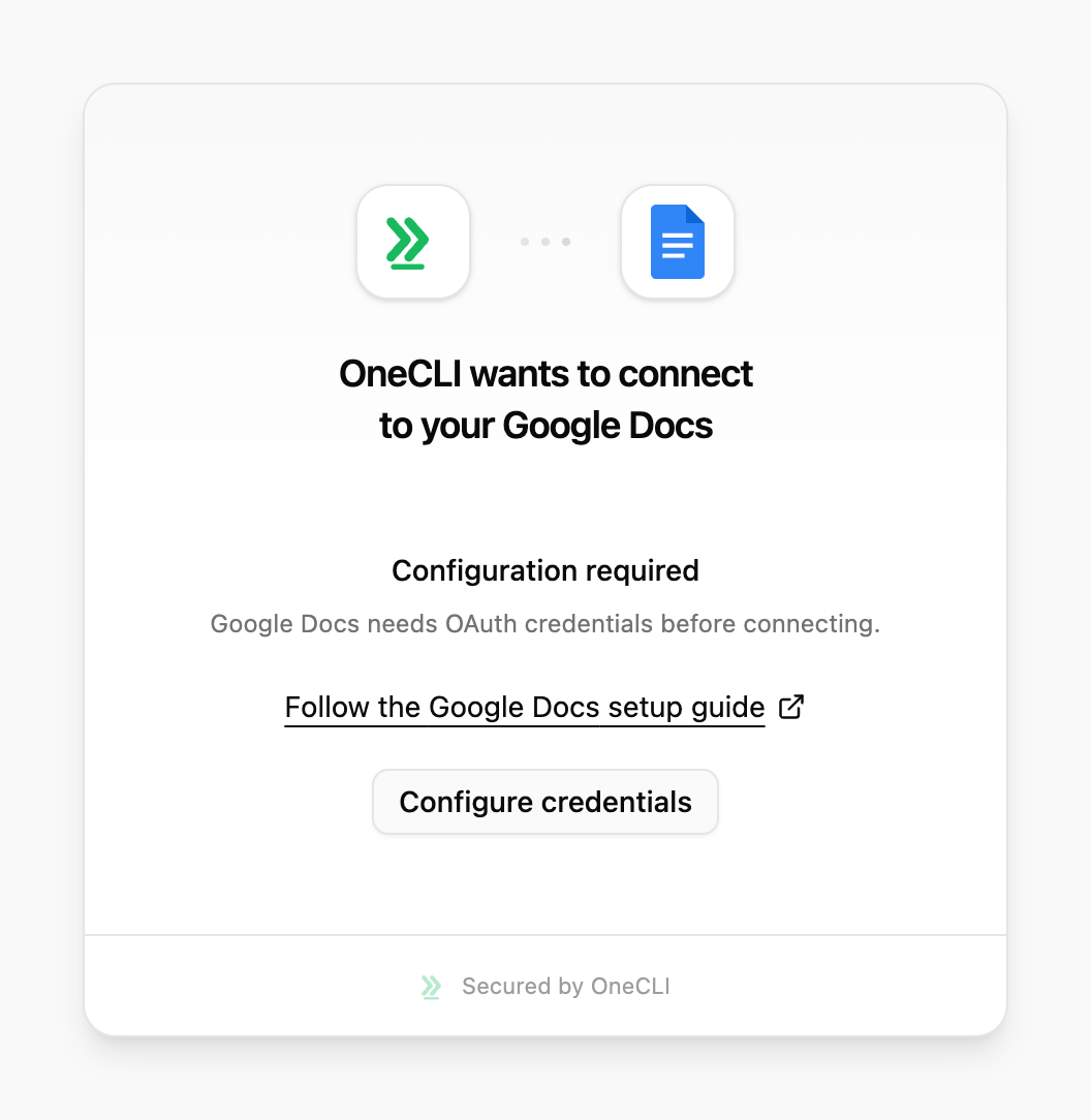 OneCLI connect window for Google Docs showing Configuration required, the setup guide link, and the Configure credentials button.