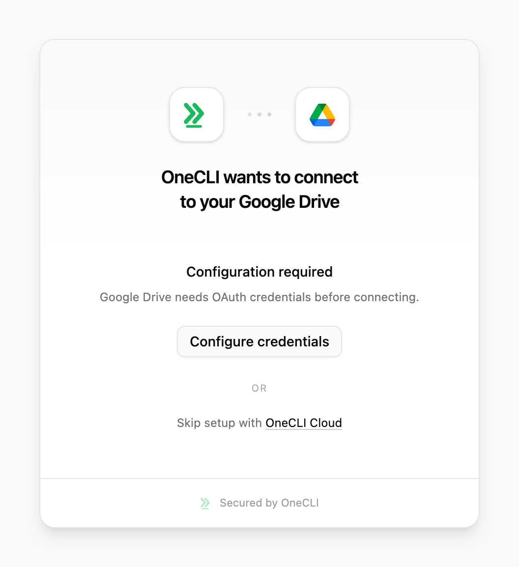 OneCLI connect window for Google Drive showing Configuration required and the Configure credentials button.
