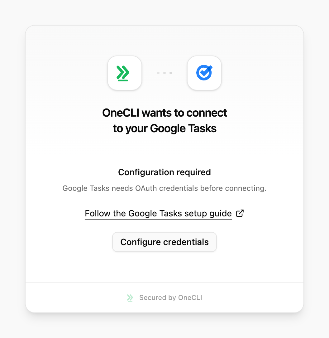 OneCLI connect window for Google Tasks showing Configuration required, the setup guide link, and the Configure credentials button.