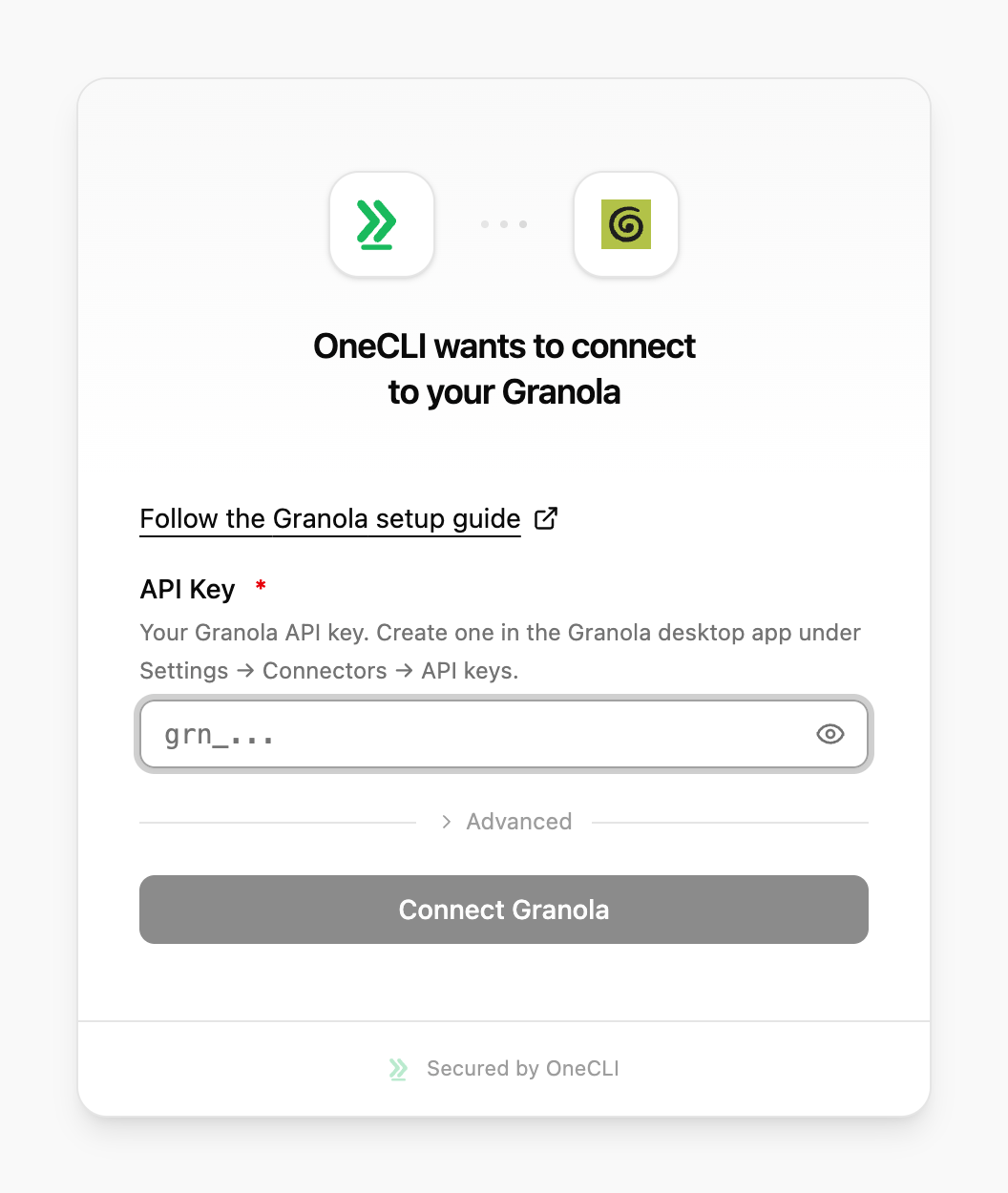 OneCLI connect window for Granola, showing the setup guide link, the API Key field, and the Connect Granola button.