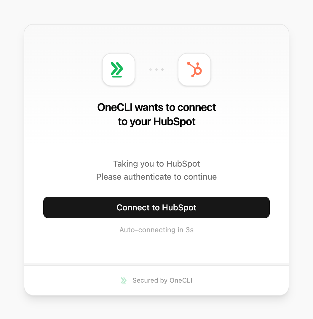 OneCLI connect window for HubSpot on Cloud, showing the Connect to HubSpot button.