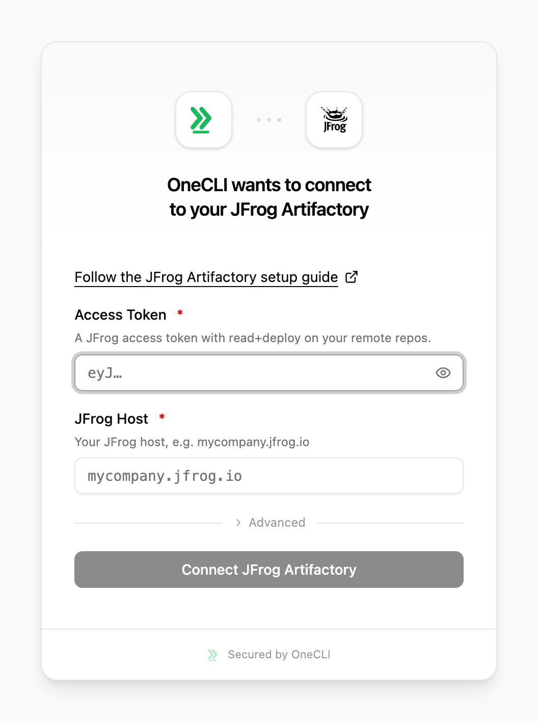 OneCLI connect window for JFrog Artifactory, showing the setup guide link, the Access Token and JFrog Host fields, and the Connect JFrog Artifactory button.
