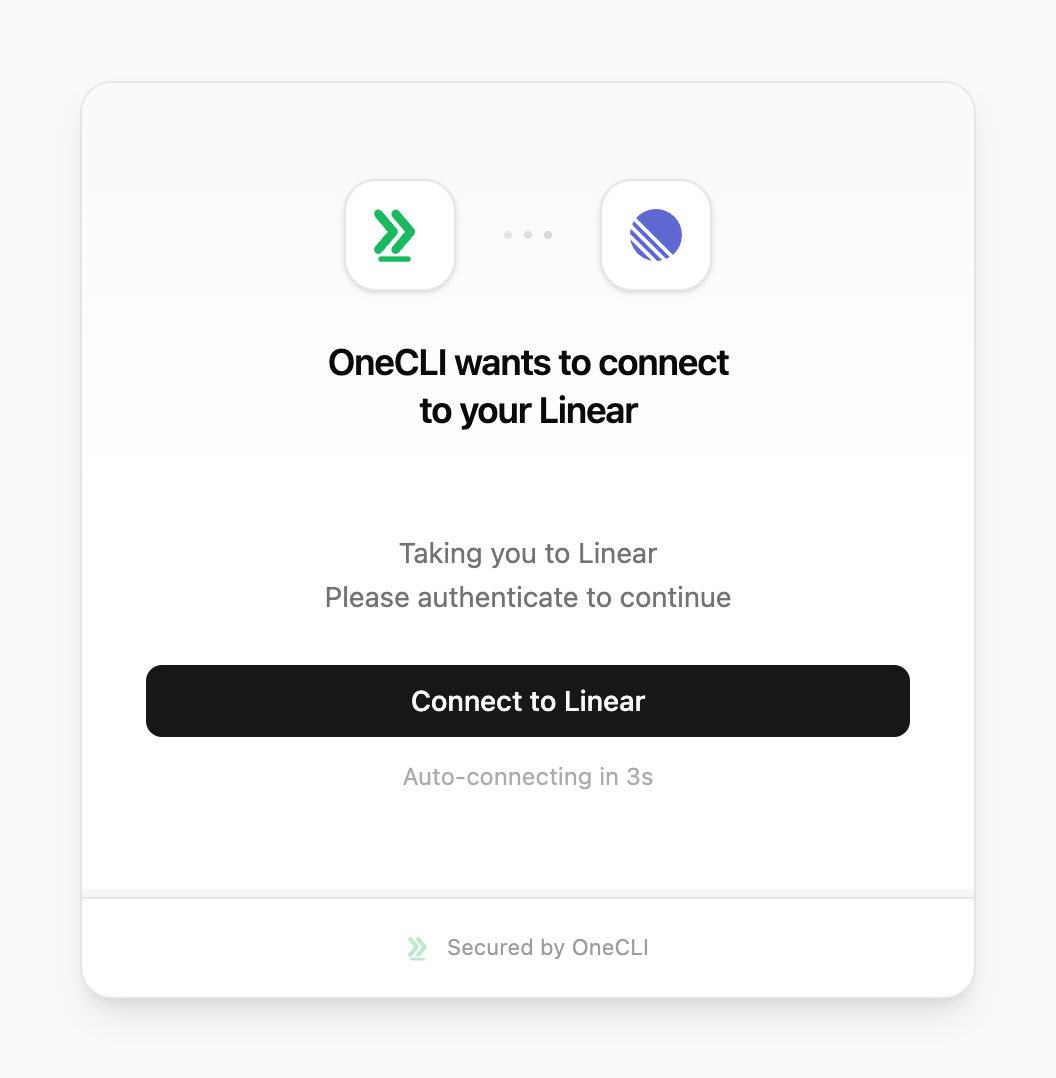 OneCLI connect window for Linear, showing the setup guide link and the Connect to Linear button.