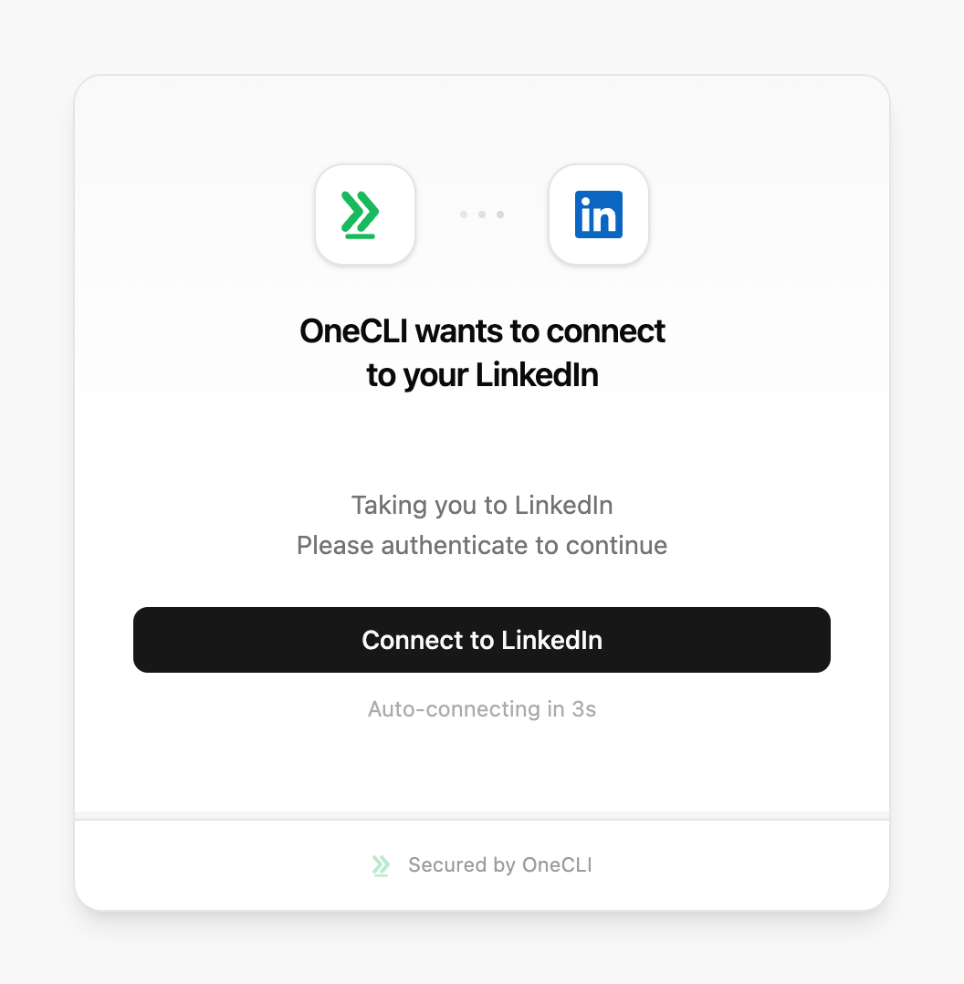 OneCLI connect window for LinkedIn on Cloud, showing the Connect to LinkedIn button.