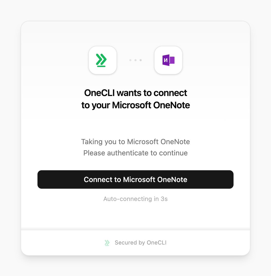 OneCLI connect window for Microsoft OneNote on Cloud, showing the Connect to Microsoft OneNote button.