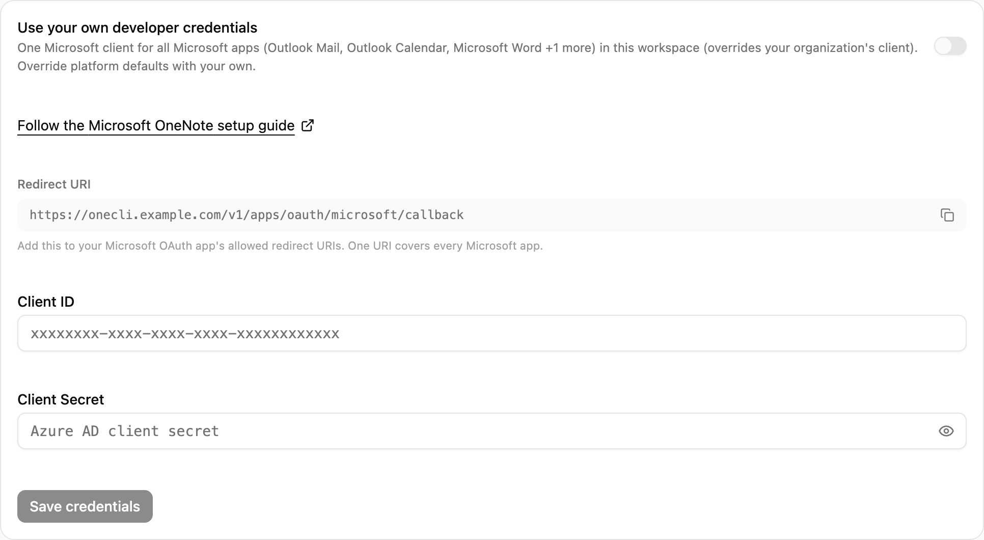 OneCLI Custom credentials card for Microsoft OneNote with the setup guide link, the Redirect URI and its copy button, and the Client ID and Client Secret fields.