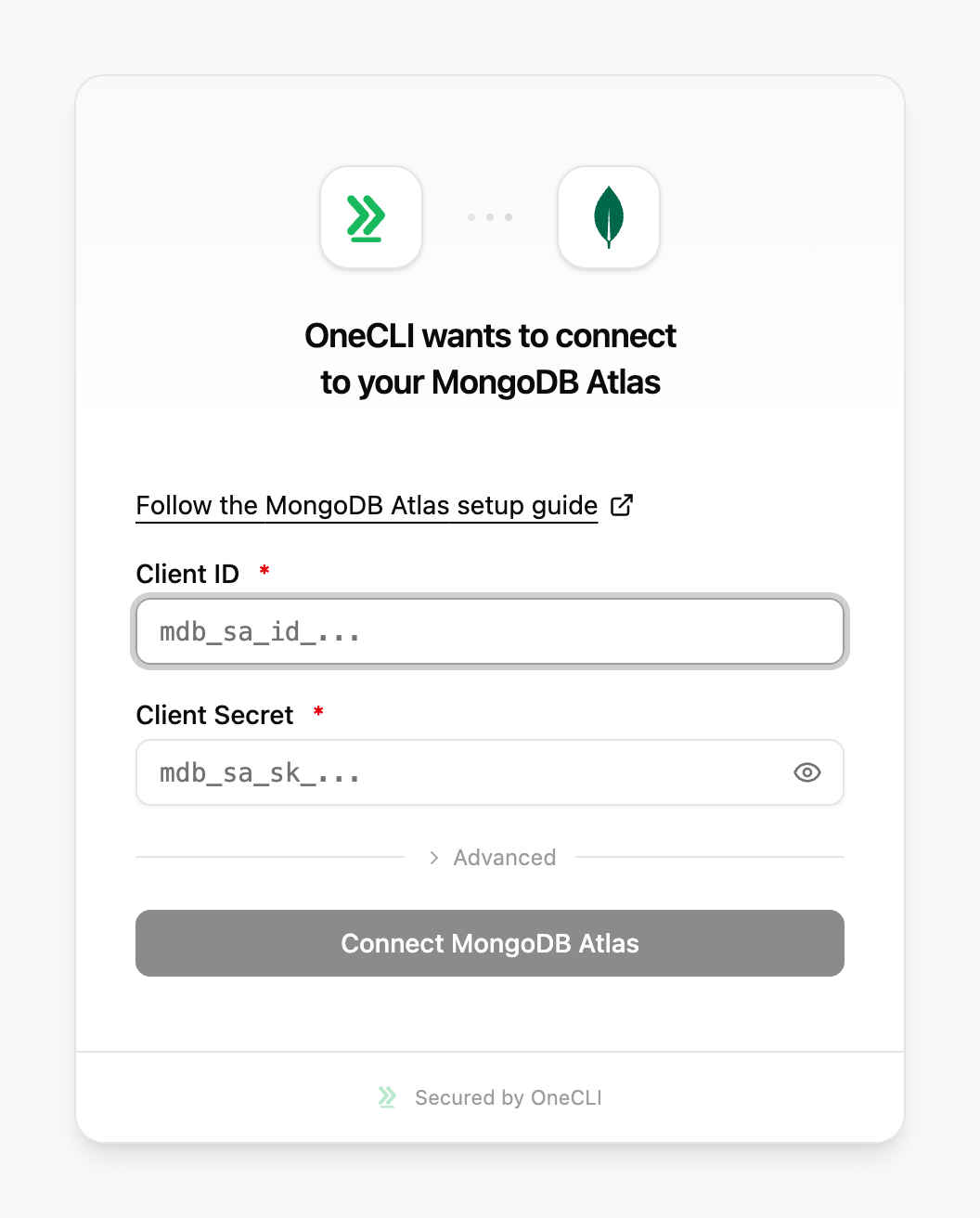 OneCLI connect window for MongoDB Atlas, showing the setup guide link and the fields to fill in.