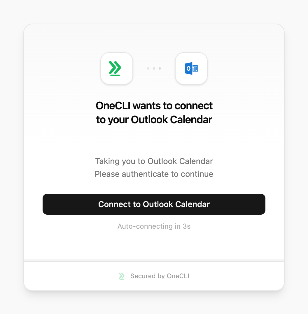 OneCLI connect window for Outlook Calendar on Cloud, showing the Connect to Outlook Calendar button.