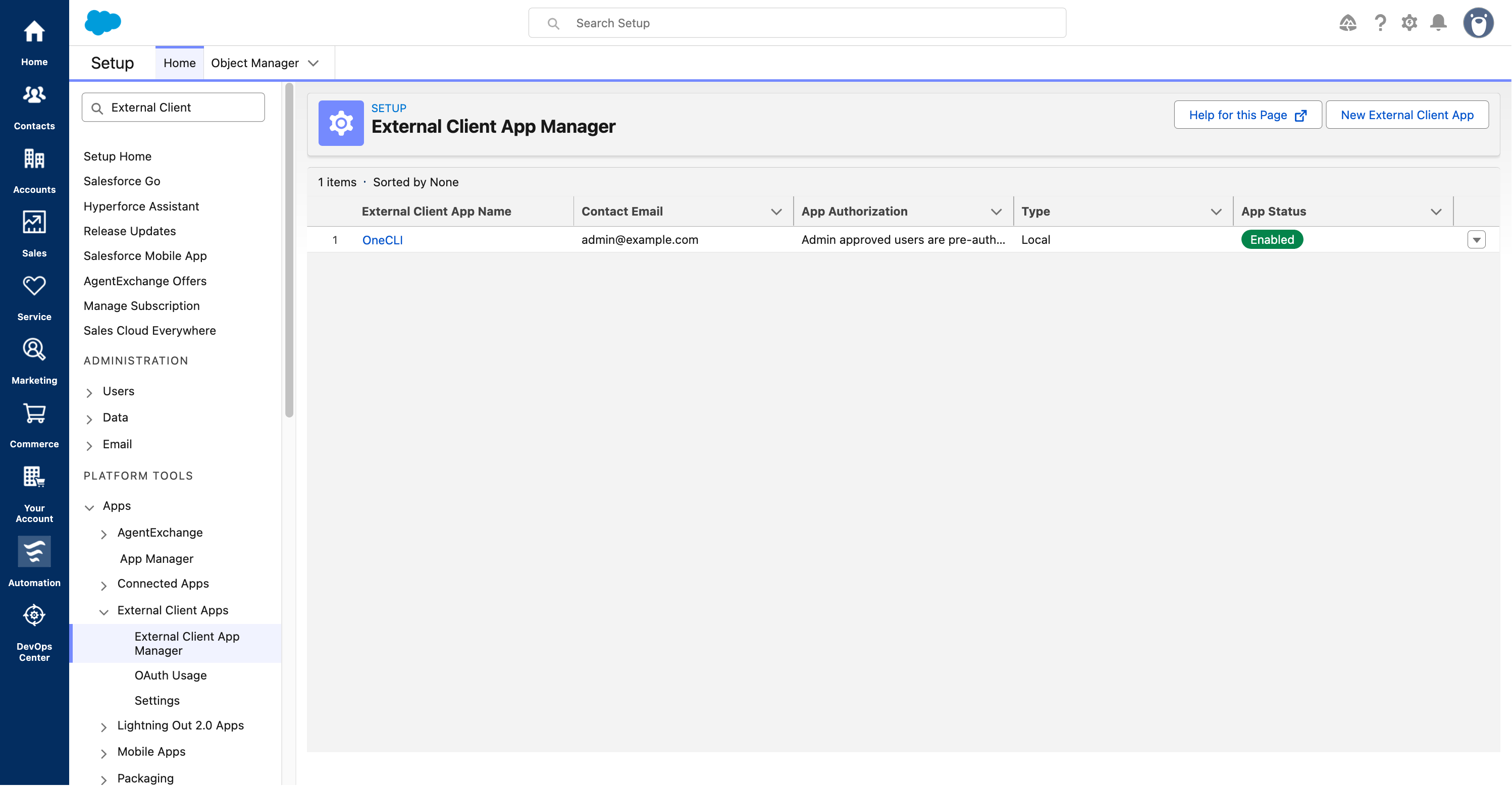 Open the External Client App Manager.