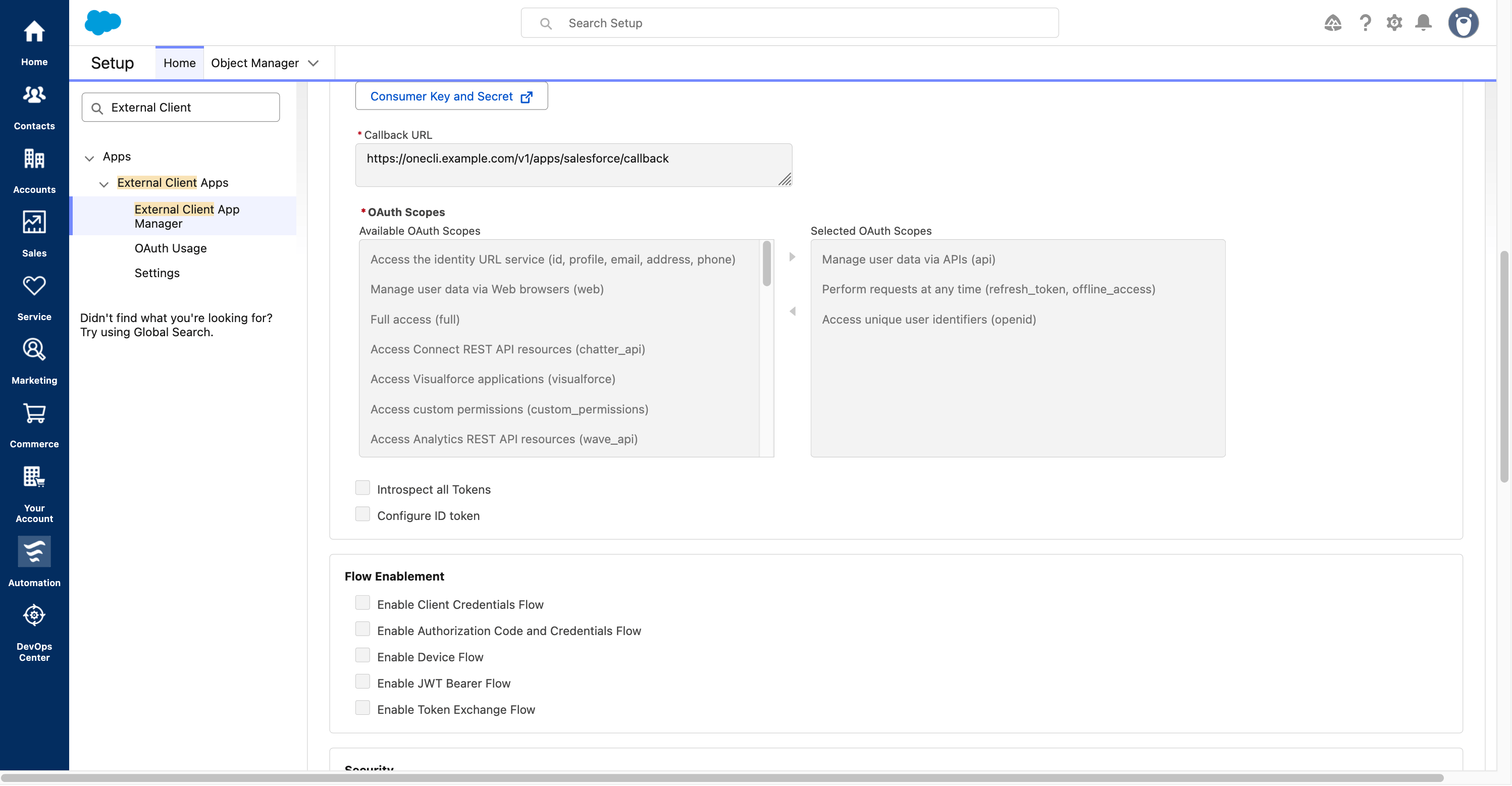 Register your callback and select only the three required scopes.