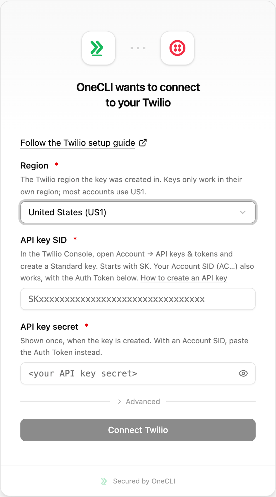 OneCLI connect window for Twilio, showing the setup guide link, the Region dropdown set to United States (US1), the API key SID and API key secret fields, and the Connect Twilio button.