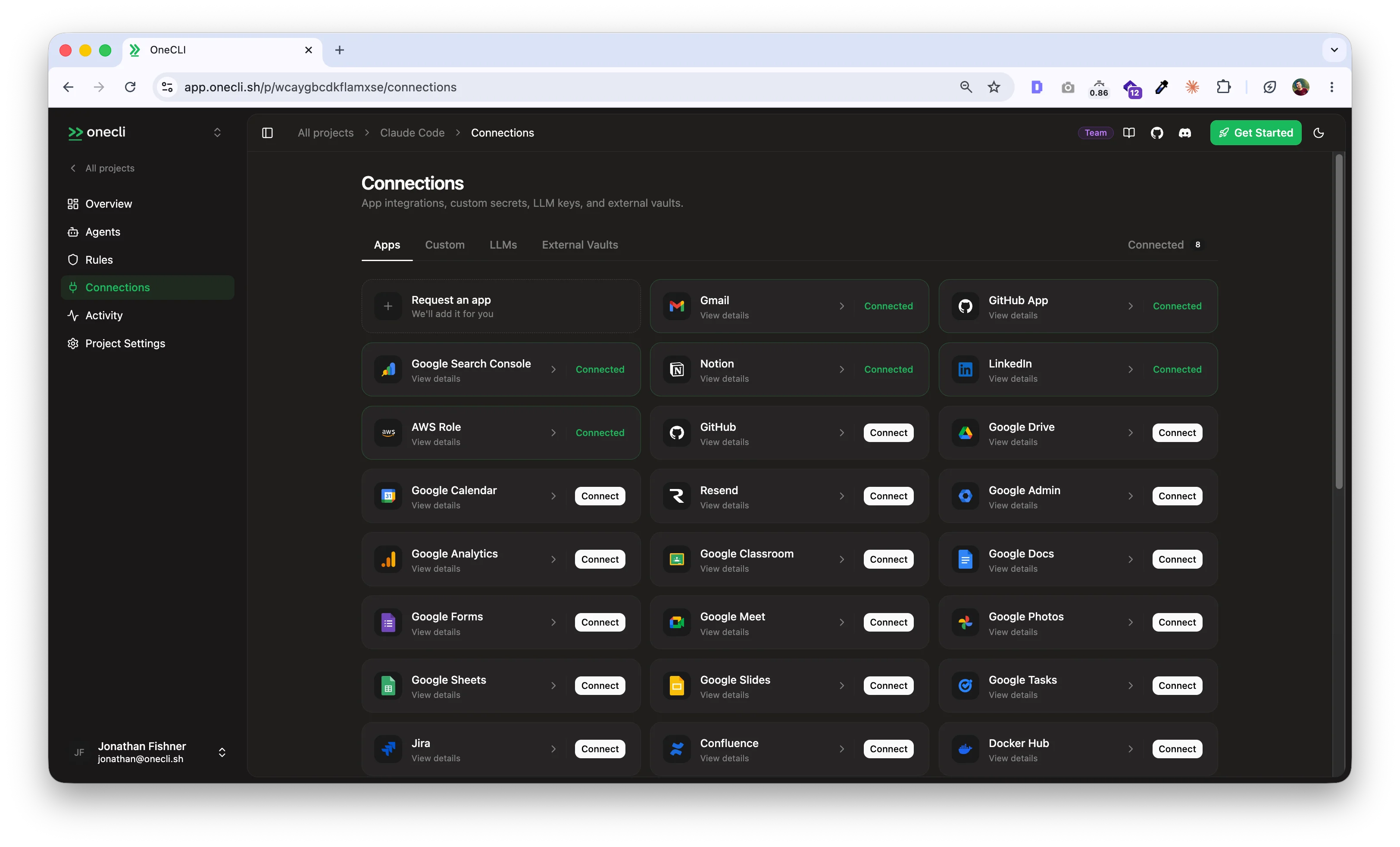 Connect a service in the OneCLI dashboard