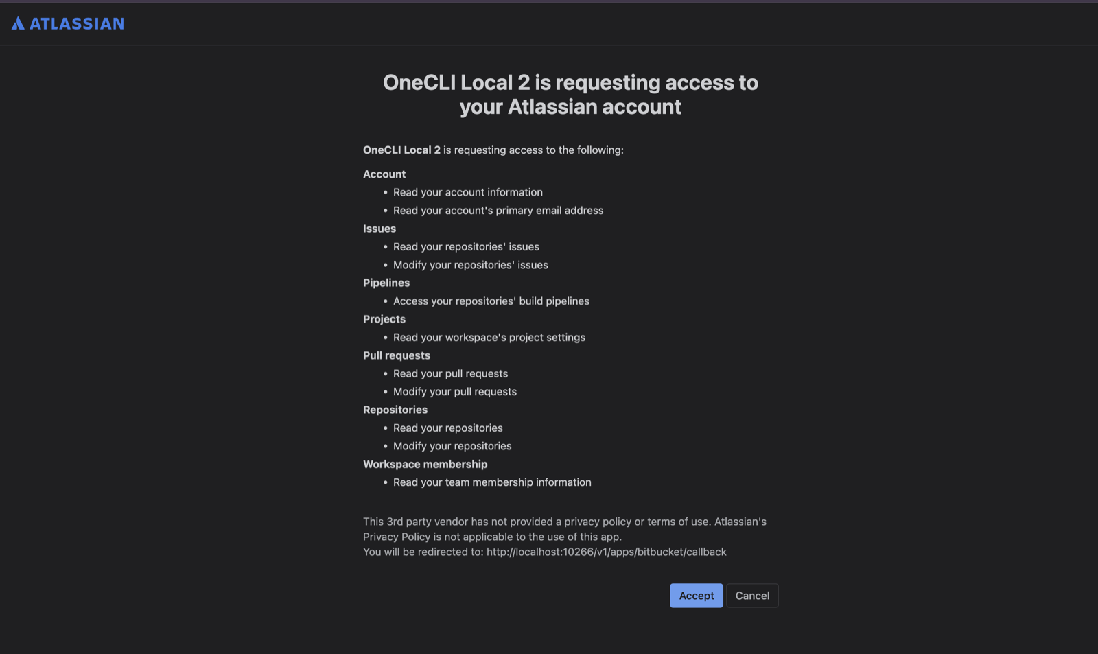 Atlassian consent screen: OneCLI is requesting access to your Atlassian account, listing Account, Issues, Pipelines, Projects, Pull requests, Repositories and Workspace membership permissions, the OneCLI callback URL, and the Accept button.