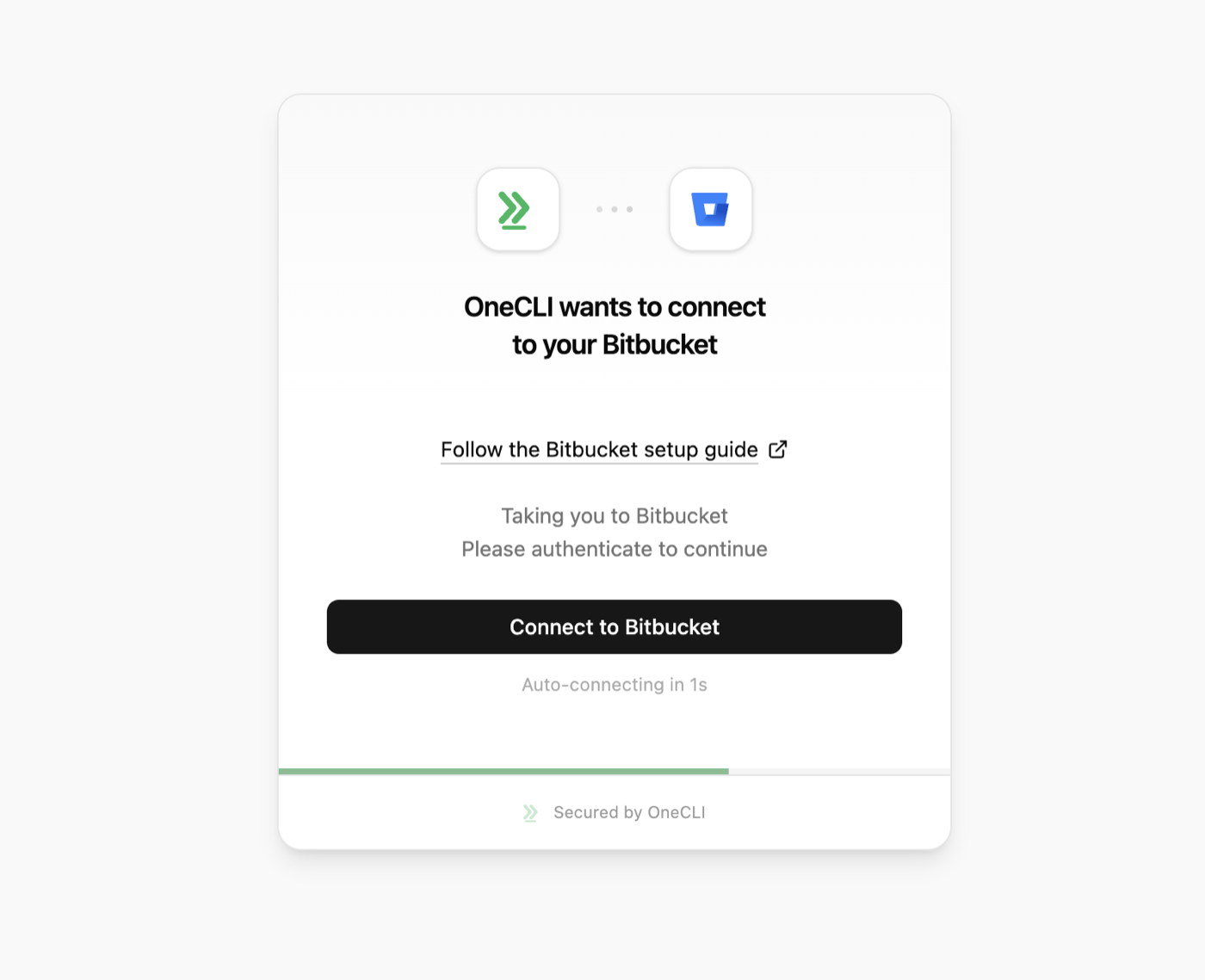 OneCLI connect window: OneCLI wants to connect to your Bitbucket, with the setup guide link and the Connect to Bitbucket button.