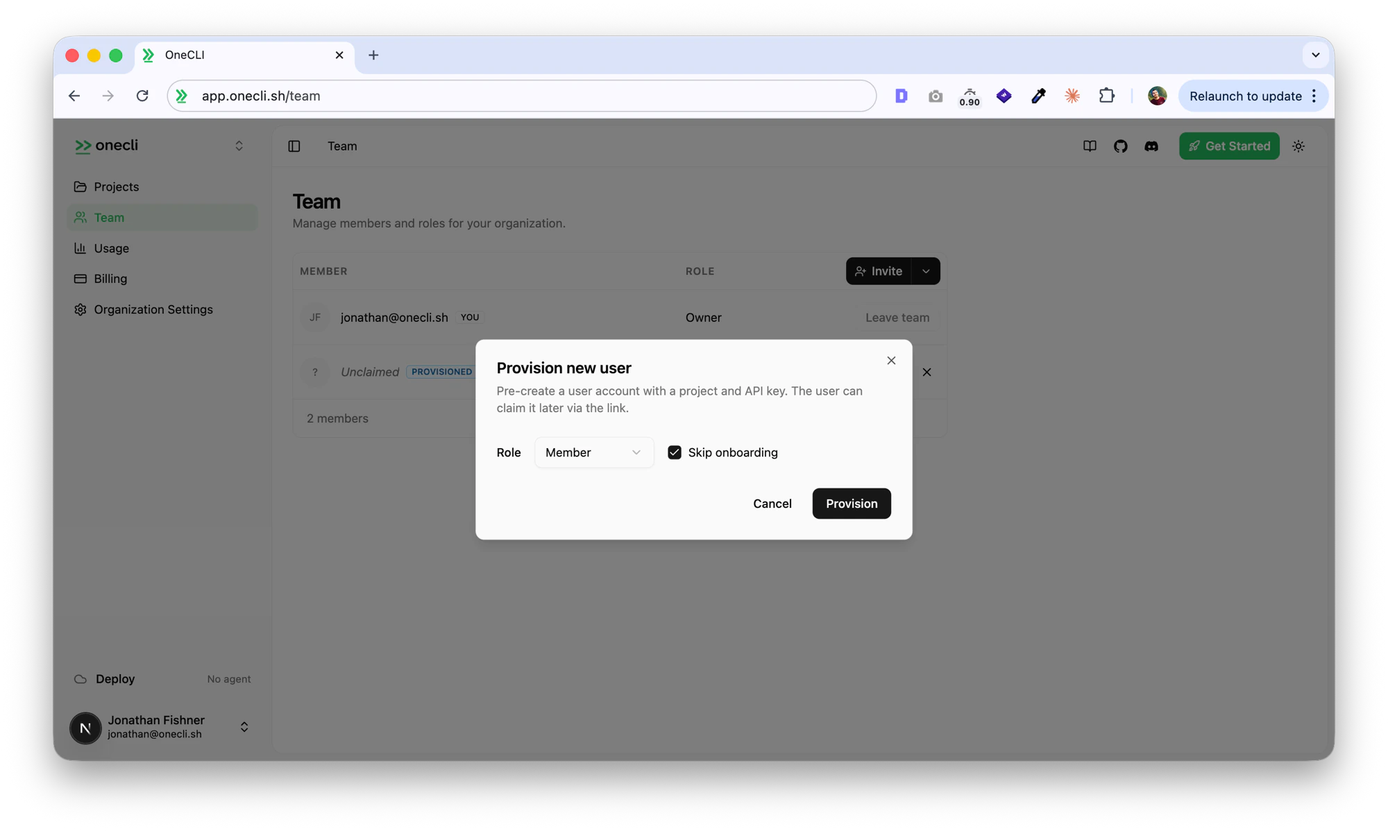 Provision new user dialog with role and skip onboarding options