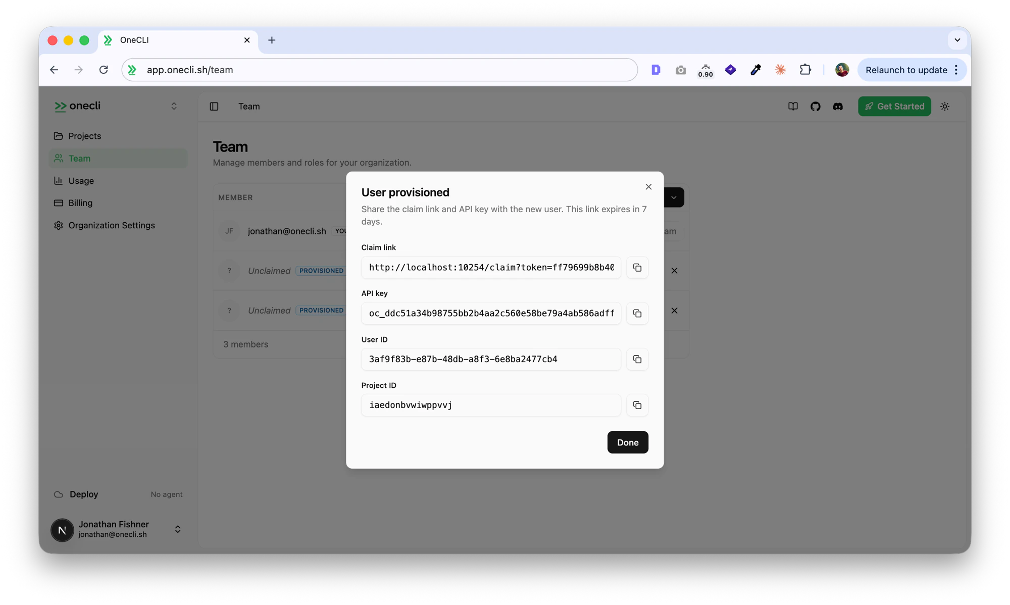 Provision result showing claim link, API key, user ID, and project ID