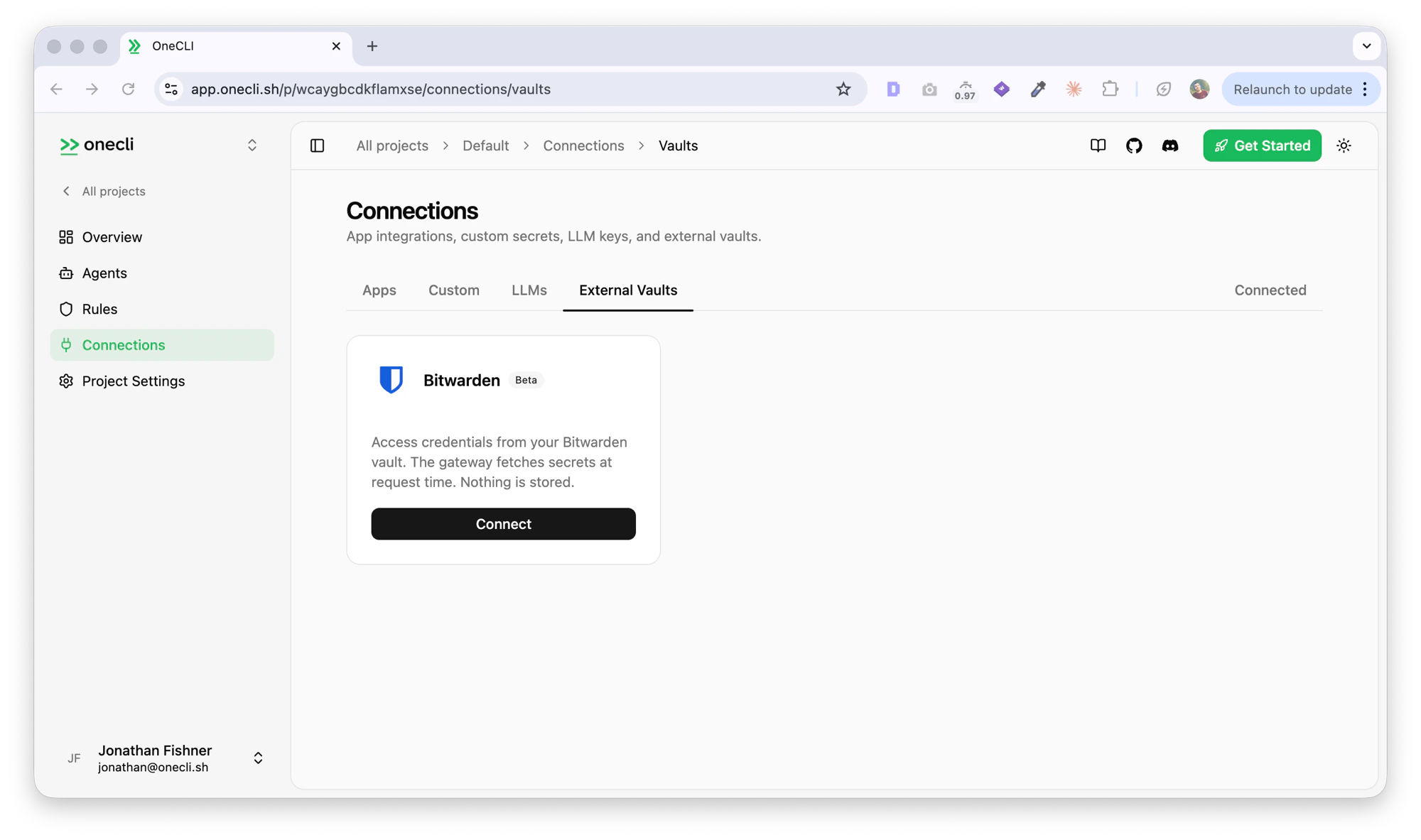 External Vaults tab in the OneCLI Connections dashboard