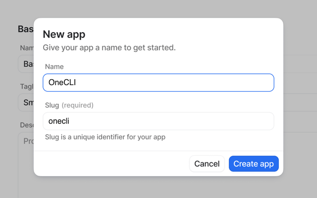 Attio New app dialog with the name OneCLI and the slug onecli, and the Create app button.