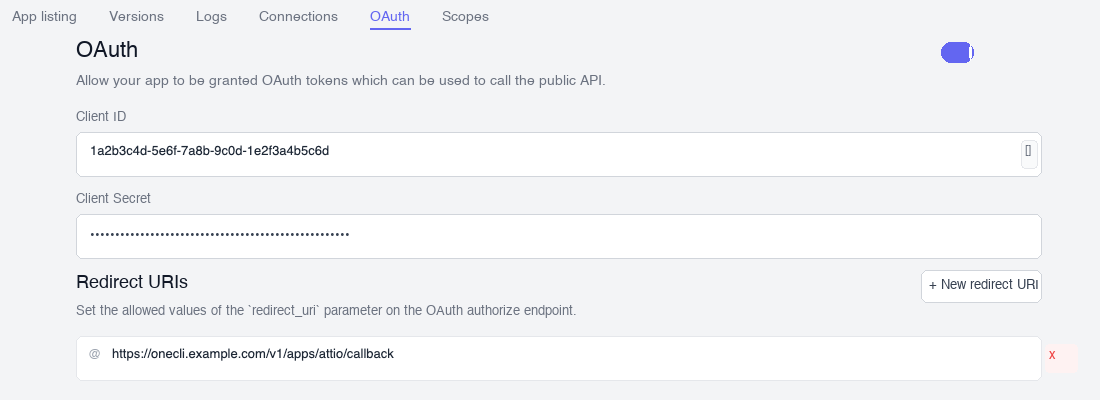 Attio app OAuth tab with OAuth enabled, the Client ID, a hidden Client Secret, and https://onecli.example.com/v1/apps/attio/callback under Redirect URIs.