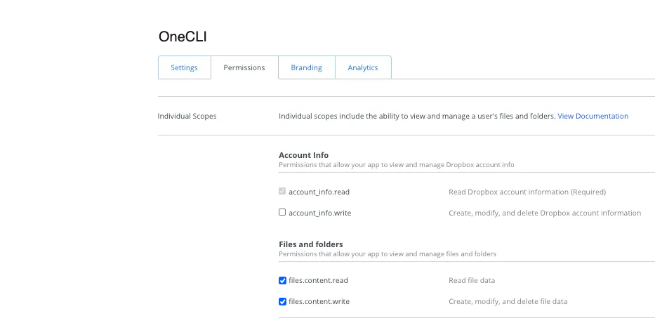Dropbox app named OneCLI on the Permissions tab, with account_info.read, files.content.read, and files.content.write ticked.