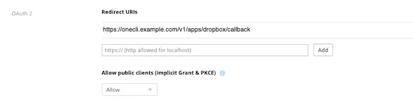 Dropbox app Settings, OAuth 2 section, with https://onecli.example.com/v1/apps/dropbox/callback under Redirect URIs.