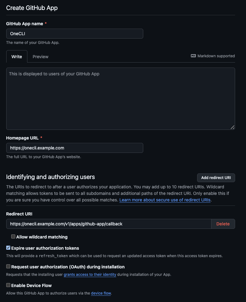 GitHub Create GitHub App form with the name OneCLI, a homepage URL, and the OneCLI callback as Redirect URI.