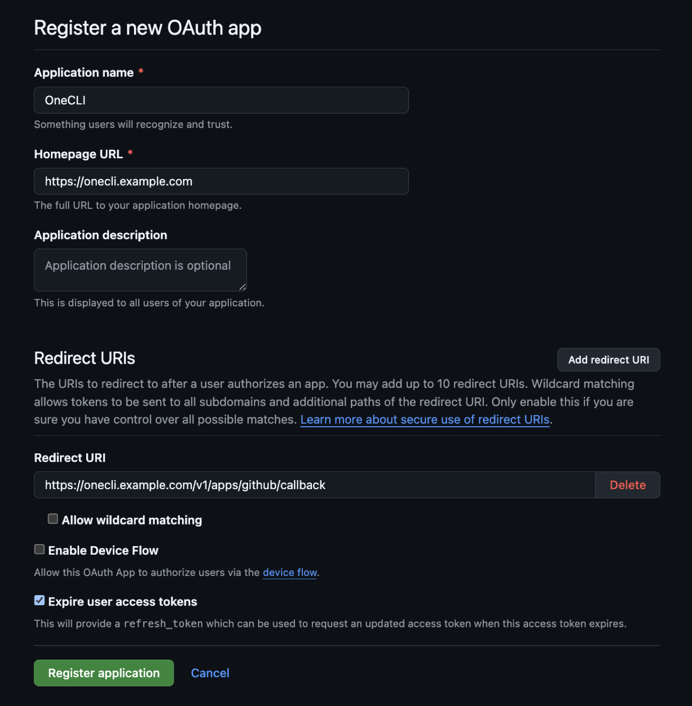 GitHub Register a new OAuth app form with the name OneCLI, a homepage URL, and the OneCLI callback in the Redirect URI field.