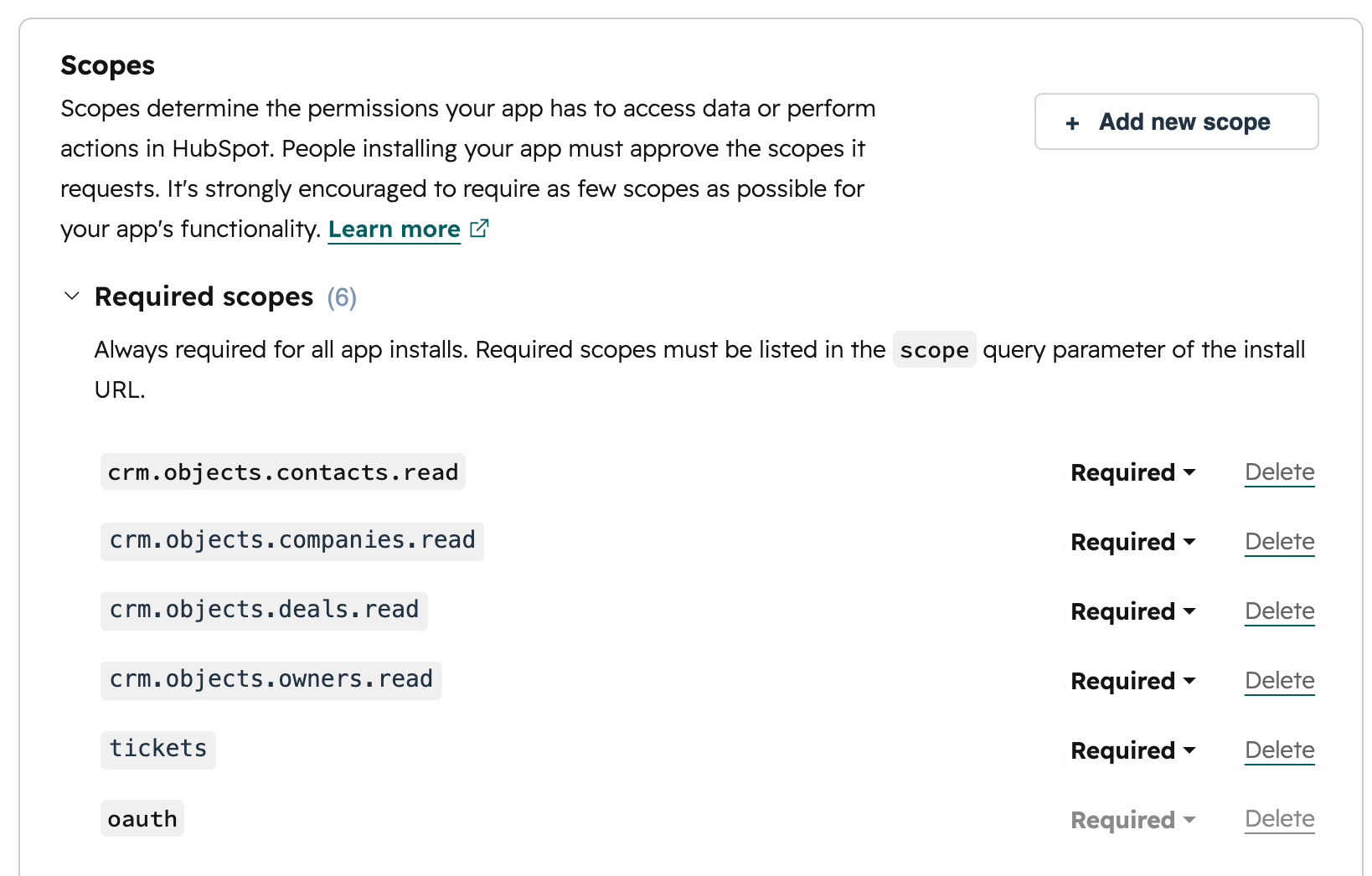 HubSpot app Scopes section with six required scopes: crm.objects.contacts.read, crm.objects.companies.read, crm.objects.deals.read, crm.objects.owners.read, tickets, and oauth.
