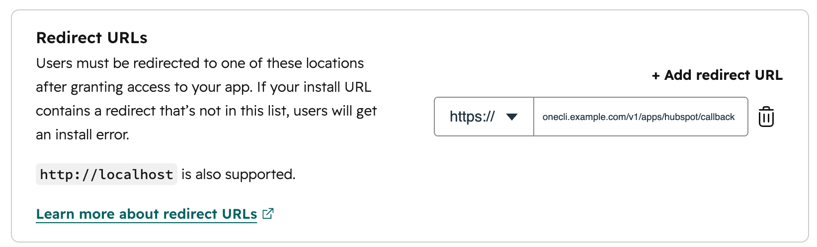 HubSpot Redirect URLs section with one entry: https://onecli.example.com/v1/apps/hubspot/callback.