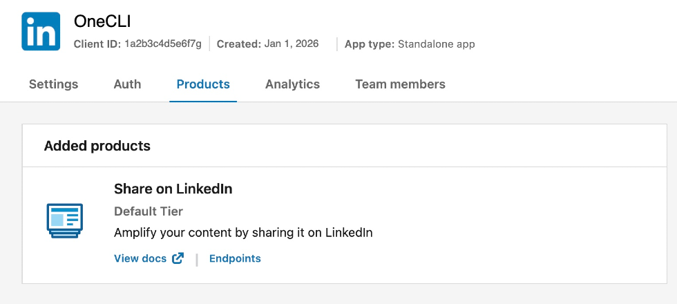LinkedIn developer app named OneCLI on the Products tab, with Share on LinkedIn under Added products.