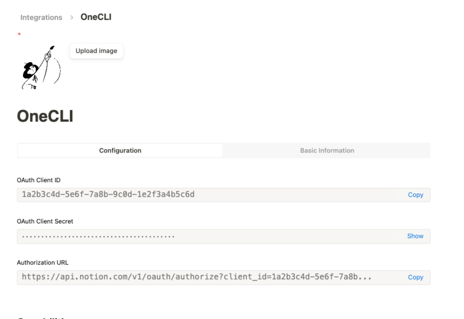 Notion integration named OneCLI, Configuration tab showing the OAuth Client ID, a hidden OAuth Client Secret, and the Authorization URL.