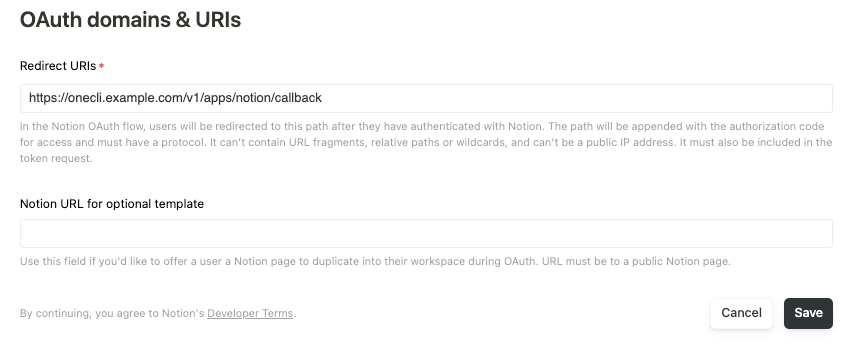 Notion integration settings, OAuth domains and URIs section, with https://onecli.example.com/v1/apps/notion/callback in Redirect URIs.