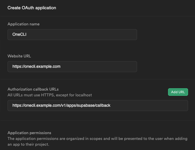 Supabase Create OAuth application form with the name OneCLI, website https://onecli.example.com, and the callback URL https://onecli.example.com/v1/apps/supabase/callback.