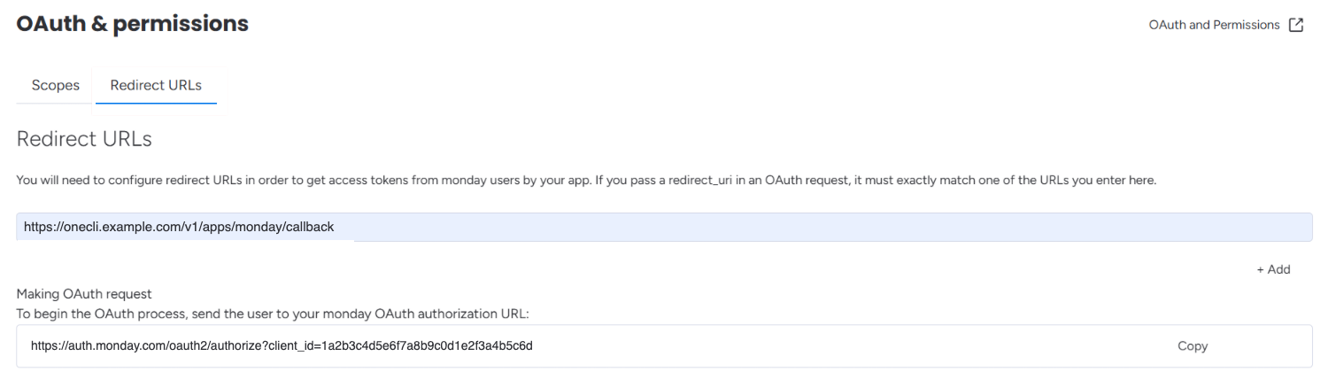 monday.com Developer Center, OAuth & permissions, Redirect URLs tab, with https://onecli.example.com/v1/apps/monday/callback.