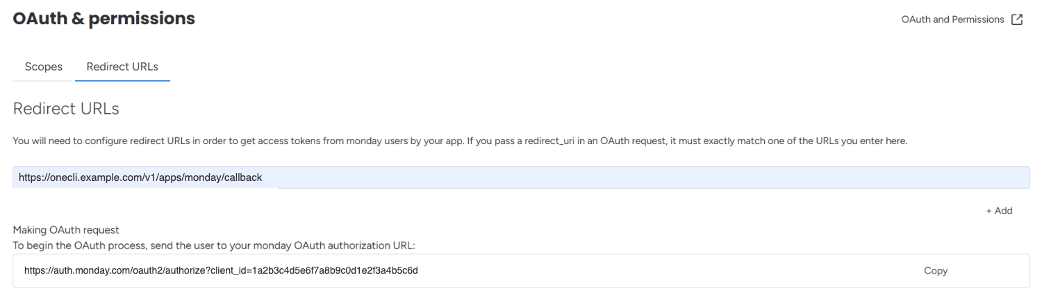 monday.com Developer Center, OAuth & permissions, Redirect URLs tab, with https://onecli.example.com/v1/apps/monday/callback.