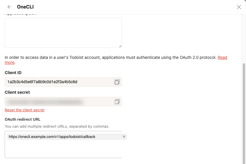 Todoist app settings for OneCLI showing the Client ID, a hidden Client secret, and https://onecli.example.com/v1/apps/todoist/callback under OAuth redirect URL.