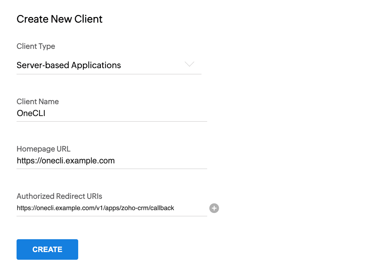 Zoho API Console Create New Client form with Server-based Applications selected, Client Name OneCLI, Homepage URL https://onecli.example.com, and the OneCLI redirect URI.