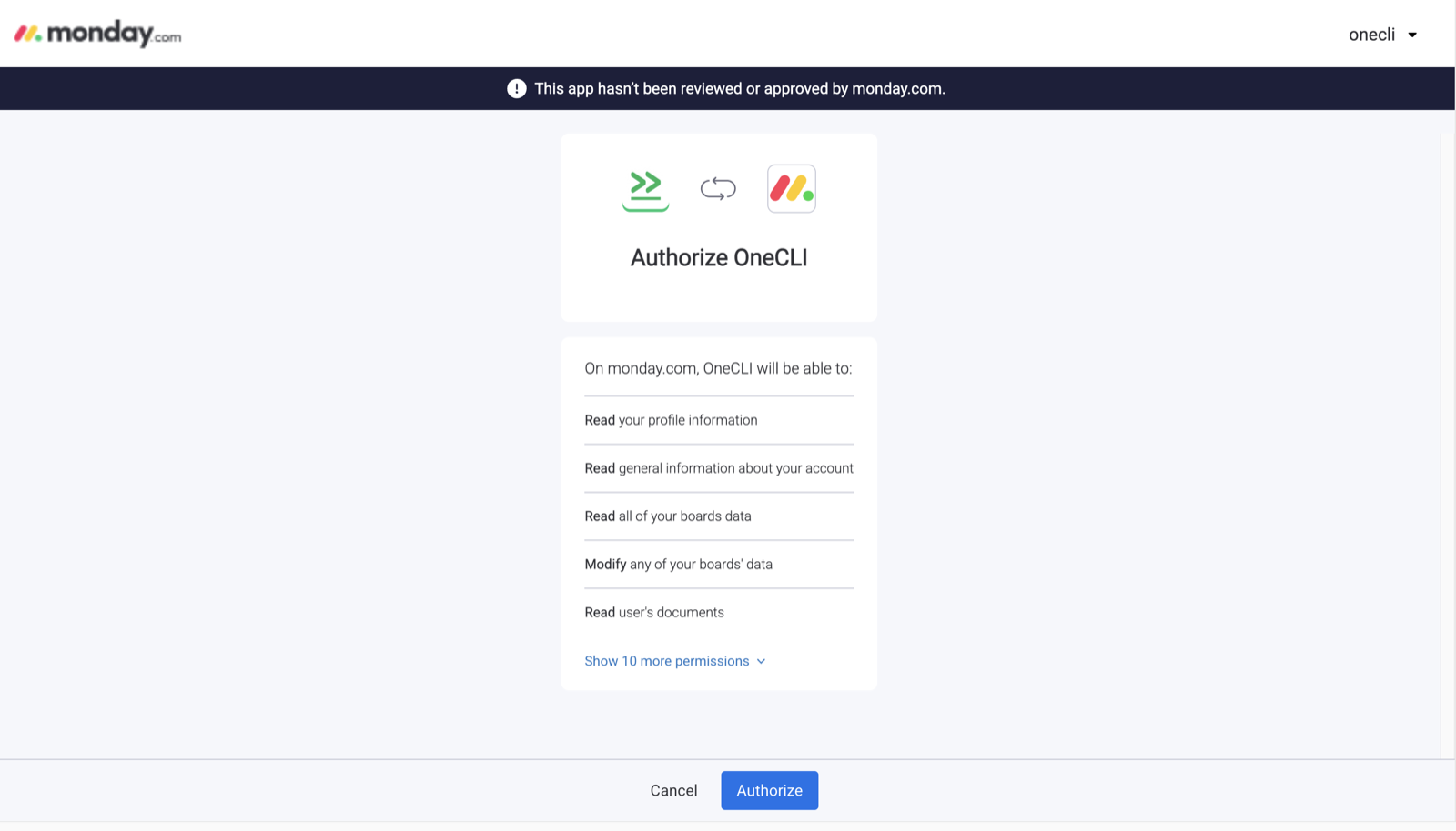 Monday.com Authorize OneCLI screen listing permissions such as read your profile information, read account information, read and modify boards data, and read documents, with Cancel and Authorize buttons.
