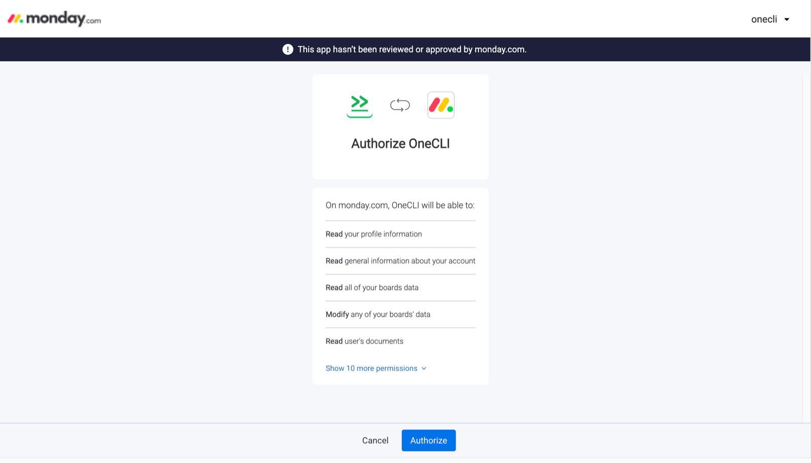 Monday.com Authorize OneCLI screen listing permissions such as read your profile information, read account information, read and modify boards data, and read documents, with Cancel and Authorize buttons.