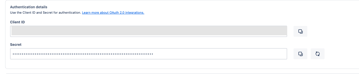 Atlassian developer console Settings page showing the Authentication details card with a Client ID field and a masked Secret field, each with a copy button.