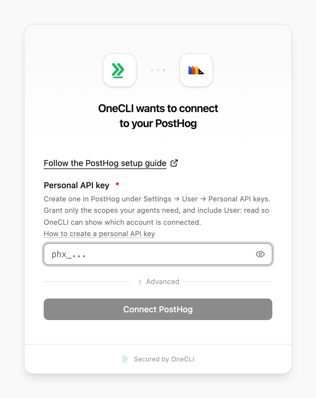 OneCLI connect dialog for PostHog, showing the required Personal API key field, a link on how to create one, an Advanced section with an optional connection label, and the Connect PostHog button.