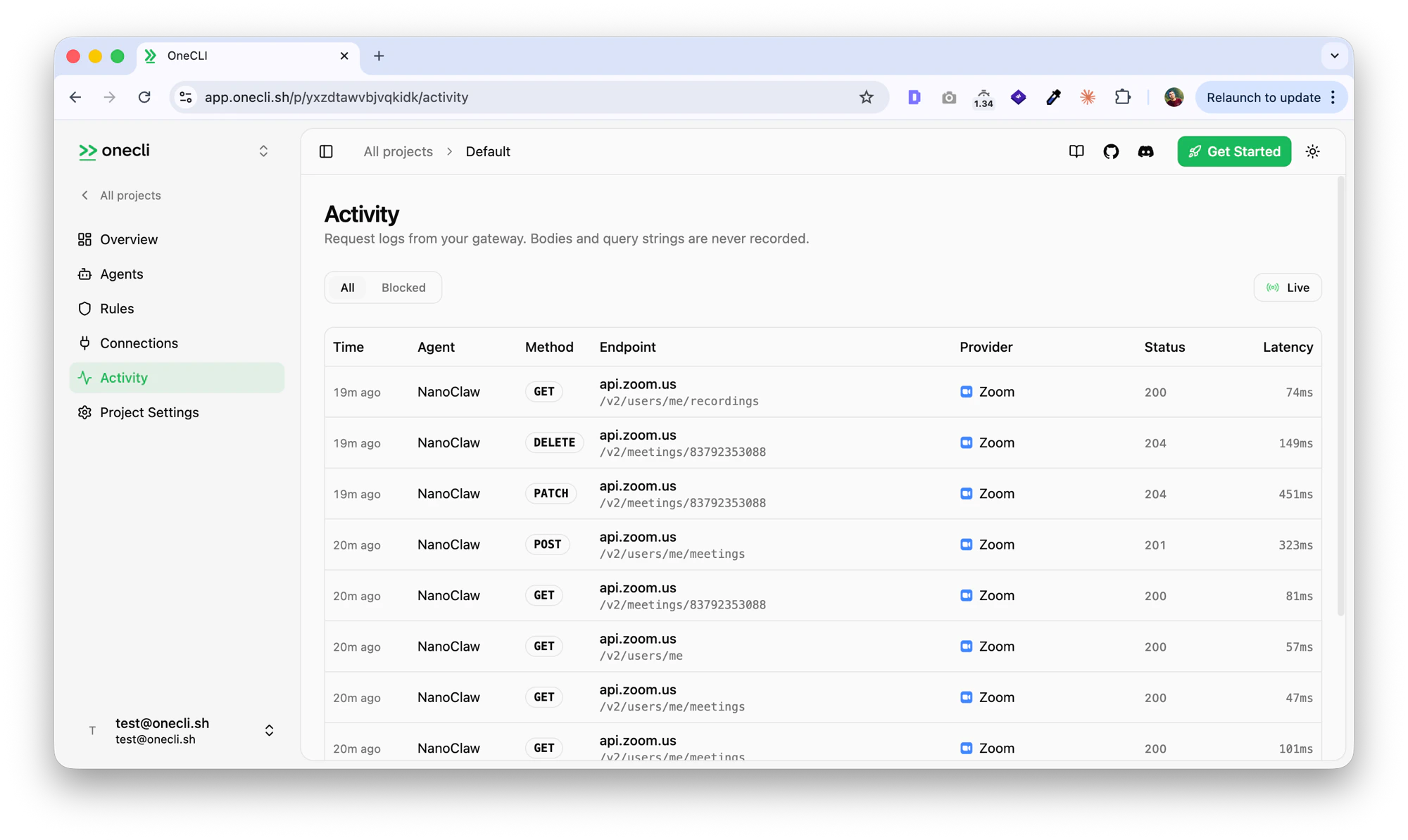 OneCLI activity log with Zoom API calls