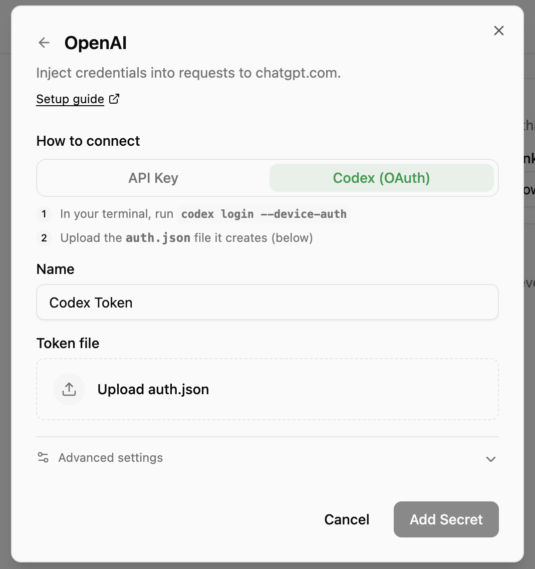 Add LLM Key dialog with the Codex (OAuth) tab selected, showing the login command and the auth.json upload