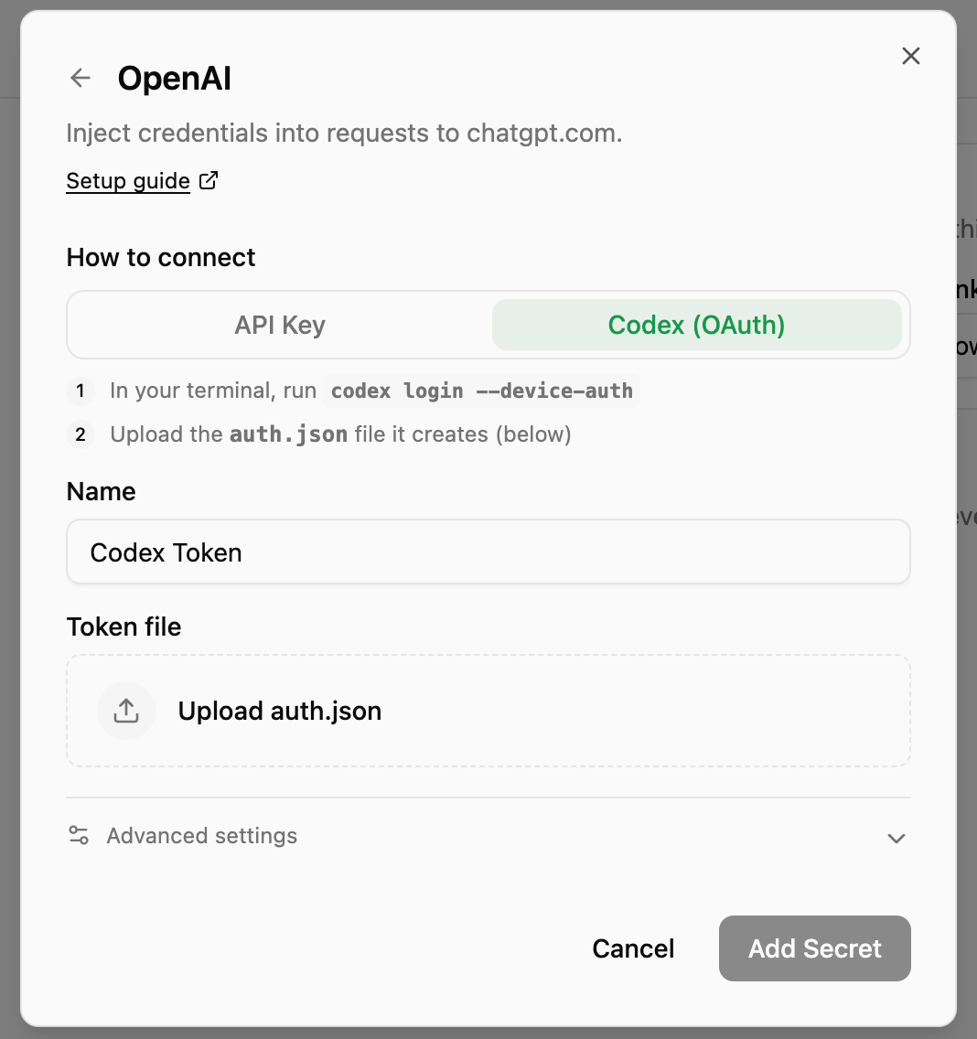 Add LLM Key dialog with the Codex (OAuth) tab selected, showing the login command and the auth.json upload