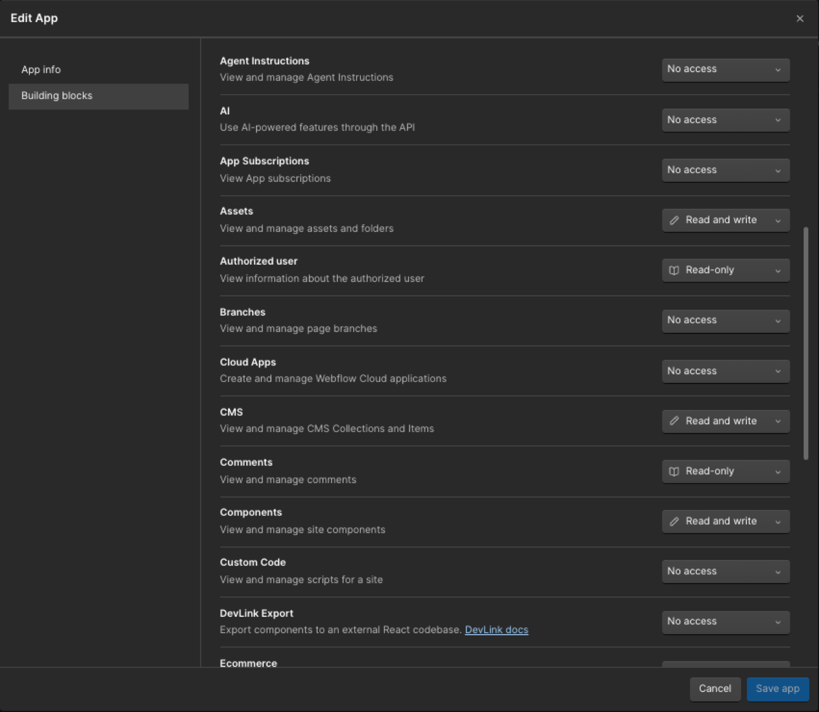 Webflow Edit App dialog on the Building blocks tab, with Assets, CMS, and Components set to Read and write, Authorized user and Comments set to Read-only, and other areas such as AI, Branches, and Custom Code set to No access.