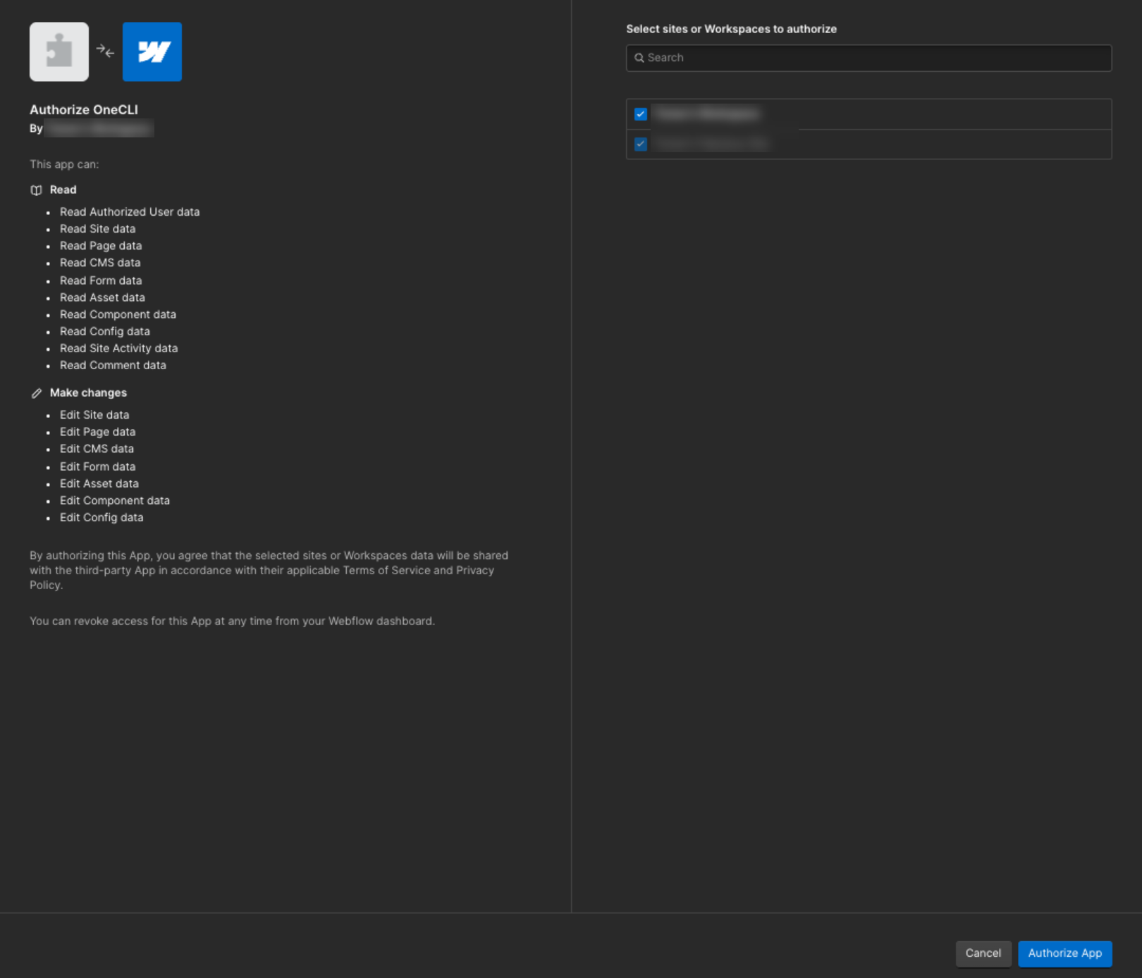 Webflow Authorize OneCLI screen listing read and edit permissions for sites, pages, CMS, forms, assets, components, and config, with a workspace and a site selected and the Authorize App button.