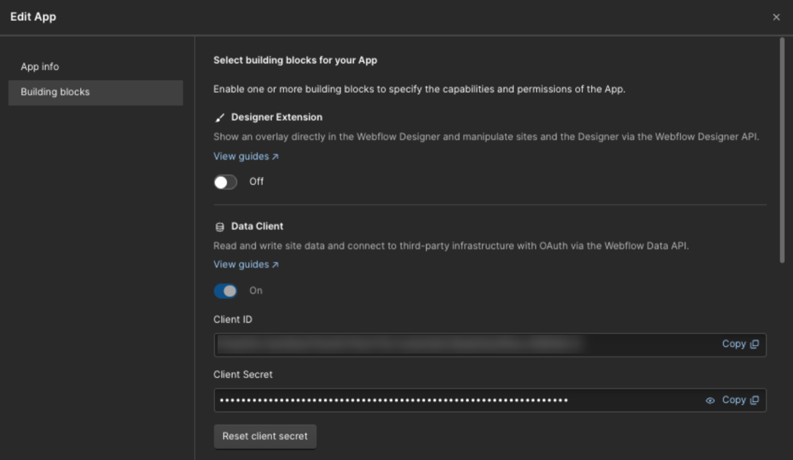 Webflow Edit App dialog on the Building blocks tab, with Designer Extension off, Data Client on, and the Client ID and masked Client Secret fields, each with a Copy button.