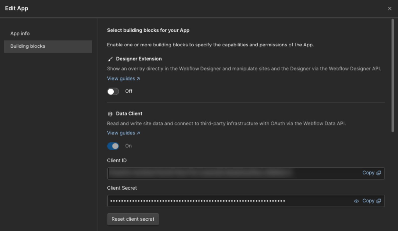 Webflow Edit App dialog on the Building blocks tab, with Designer Extension off, Data Client on, and the Client ID and masked Client Secret fields, each with a Copy button.