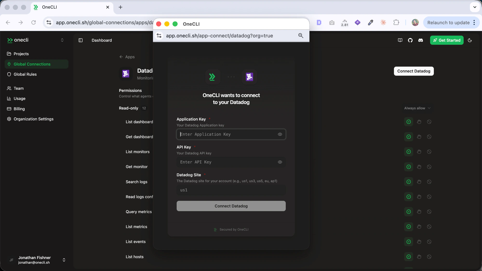 OneCLI Datadog connection dialog requesting Application Key, API Key, and Datadog Site