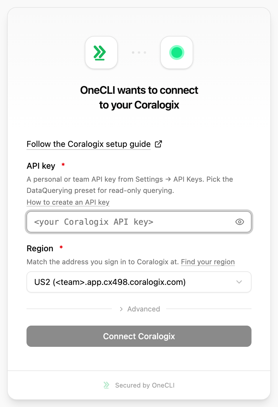 OneCLI connect window for Coralogix, showing the setup guide link, the API key field with a link to Coralogix's instructions, the Region dropdown set to US2 with its sign-in address, a Find your region link, and the Connect Coralogix button.